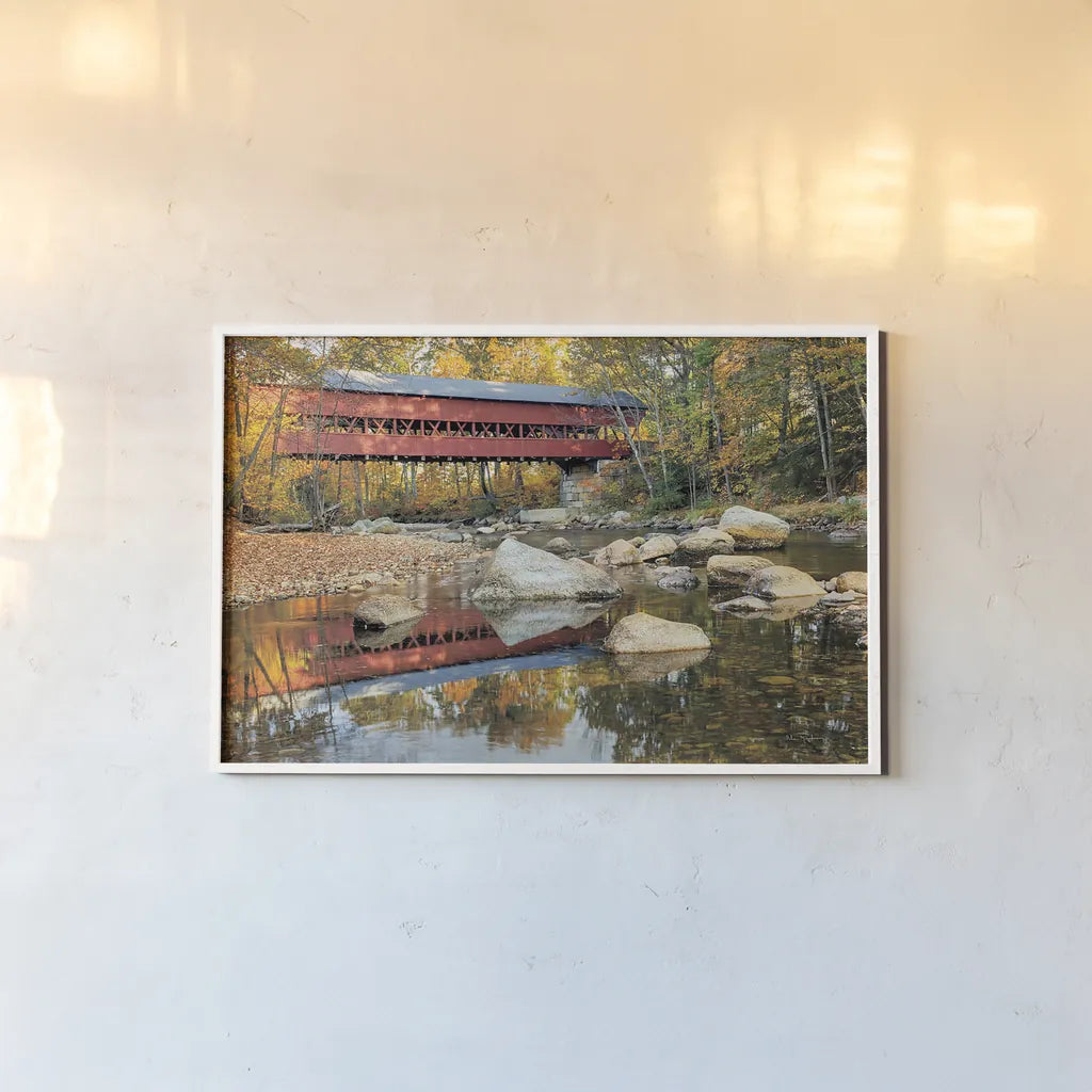 Swift River Covered Bridge by Alan Majchrowicz. shown as a paper print in a white frame. Available as a archival giclee rolled canvas, fine art paper, or poster print. SKU 17974i.