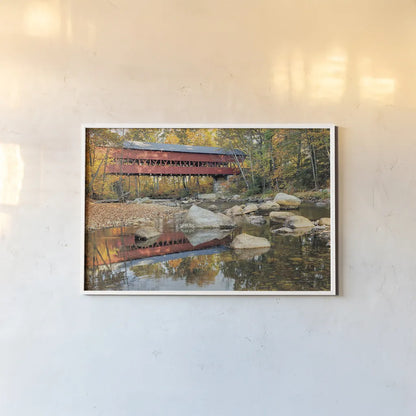 Swift River Covered Bridge by Alan Majchrowicz. shown as a paper print in a white frame. Available as a archival giclee rolled canvas, fine art paper, or poster print. SKU 17974i.