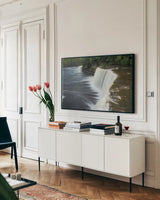 Tahquamenon Falls Michigan I by Alan Majchrowicz. shown as a framed stretched canvas in a living room above a console. Available as a archival giclee rolled canvas, fine art paper, or poster print. SKU 50167i.