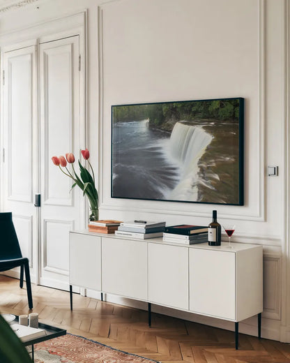 Tahquamenon Falls Michigan I by Alan Majchrowicz. shown as a framed stretched canvas in a living room above a console. Available as a archival giclee rolled canvas, fine art paper, or poster print. SKU 50167i.