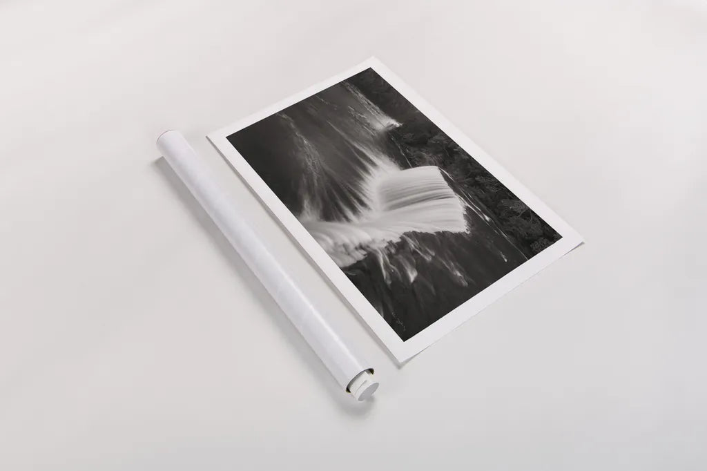 Tahquamenon Falls Michigan I BW by Alan Majchrowicz. shown as a rolled paper print. Available as archival giclee rolled canvas, fine art paper, or poster print. SKU 50169i.