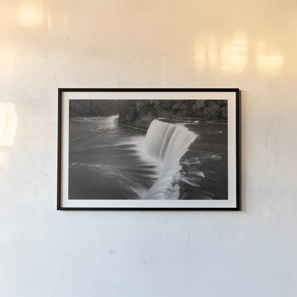 Tahquamenon Falls Michigan I BW by Alan Majchrowicz. shown as a paper print in a black flame. Available as a archival giclee rolled canvas, fine art paper, or poster print. SKU 50169i.