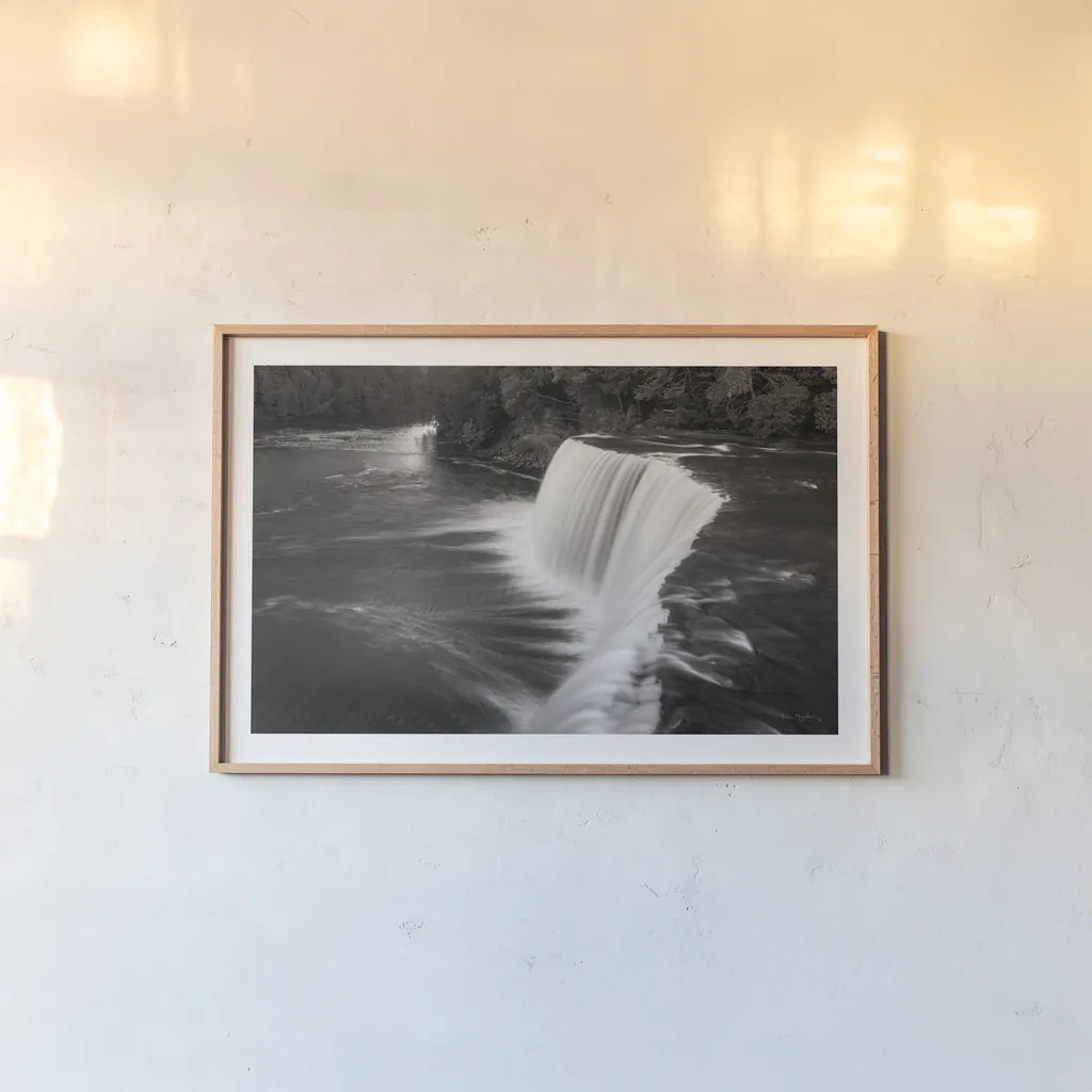 Tahquamenon Falls Michigan I BW by Alan Majchrowicz. shown as a paper print in a natural frame. Available as a archival giclee rolled canvas, fine art paper, or poster print. SKU 50169i.