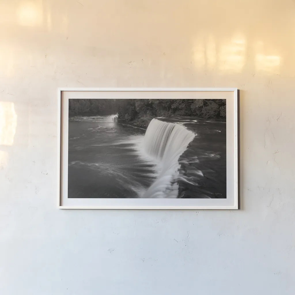 Tahquamenon Falls Michigan I BW by Alan Majchrowicz. shown as a paper print in a white frame. Available as a archival giclee rolled canvas, fine art paper, or poster print. SKU 50169i.