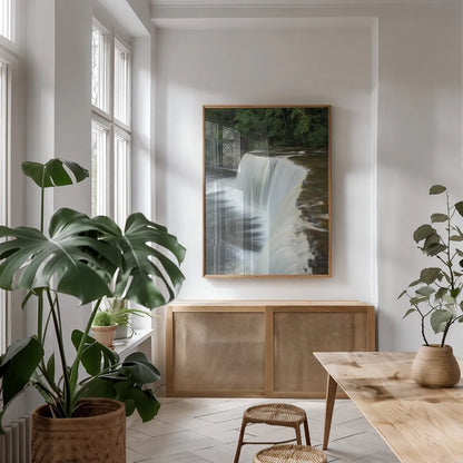 Tahquamenon Falls Michigan II by Alan Majchrowicz. shown as a print in a natural wood frame in a dining room. Available as a archival giclee rolled canvas, fine art paper, or poster print. SKU 50168h.