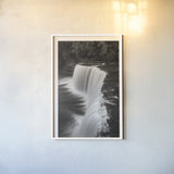 Tahquamenon Falls Michigan II BW by Alan Majchrowicz. shown as a paper print in a white frame. Available as a archival giclee rolled canvas, fine art paper, or poster print. SKU 50170h.