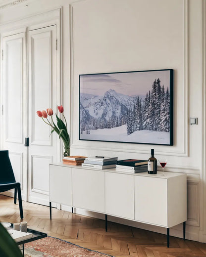 Tatoosh Range by Alan Majchrowicz. shown as a framed stretched canvas in a living room above a console. Available as a archival giclee rolled canvas, fine art paper, or poster print. SKU 60626i.