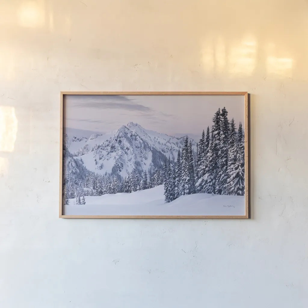 Tatoosh Range by Alan Majchrowicz. shown as a paper print in a natural frame. Available as a archival giclee rolled canvas, fine art paper, or poster print. SKU 60626i.