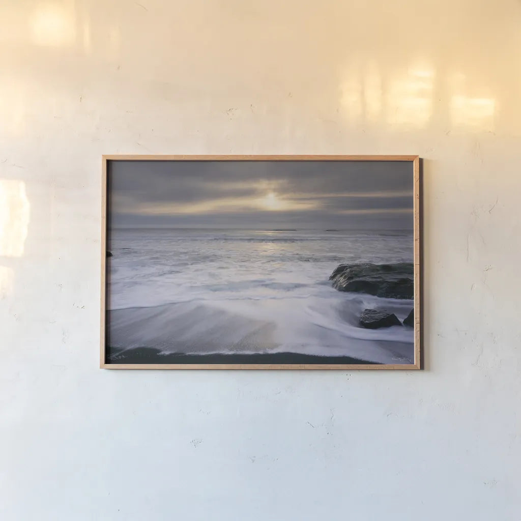 Tides and Waves Sunset I by Alan Majchrowicz. shown as a paper print in a natural frame. Available as a archival giclee rolled canvas, fine art paper, or poster print. SKU 7751i.