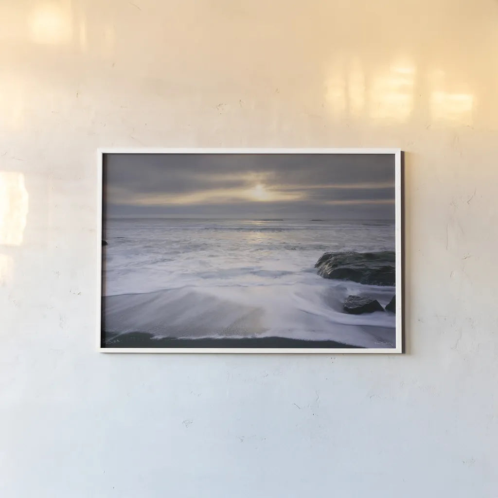 Tides and Waves Sunset I by Alan Majchrowicz. shown as a paper print in a white frame. Available as a archival giclee rolled canvas, fine art paper, or poster print. SKU 7751i.