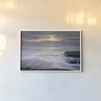 Tides and Waves Sunset I by Alan Majchrowicz. shown as a paper print in a white frame. Available as a archival giclee rolled canvas, fine art paper, or poster print. SKU 7751i.