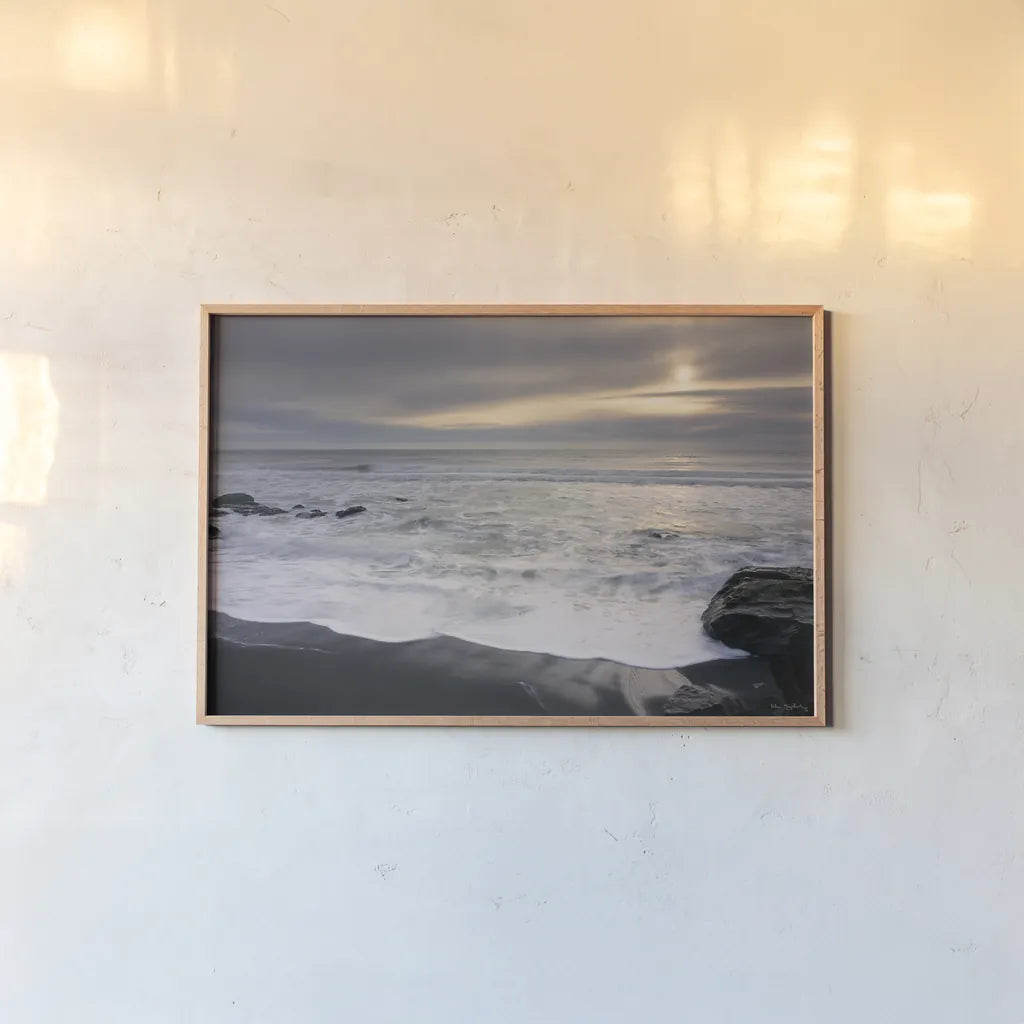 Tides and Waves Sunset II by Alan Majchrowicz. shown as a paper print in a natural frame. Available as a archival giclee rolled canvas, fine art paper, or poster print. SKU 7752i.