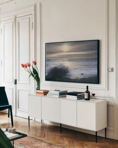 Tides and Waves Sunset III by Alan Majchrowicz. shown as a framed stretched canvas in a living room above a console. Available as a archival giclee rolled canvas, fine art paper, or poster print. SKU 7753i.