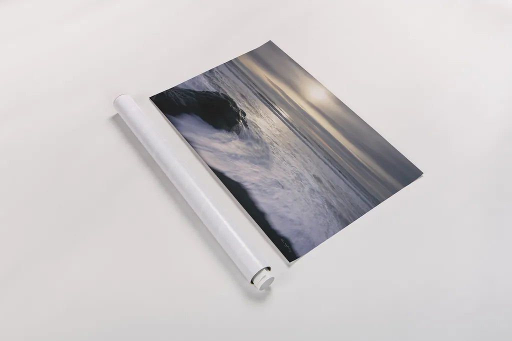 Tides and Waves Sunset IV by Alan Majchrowicz. shown as a rolled paper print. Available as archival giclee rolled canvas, fine art paper, or poster print. SKU 7754i.