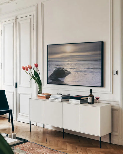 Tides and Waves Sunset V by Alan Majchrowicz. shown as a framed stretched canvas in a living room above a console. Available as a archival giclee rolled canvas, fine art paper, or poster print. SKU 7755i.