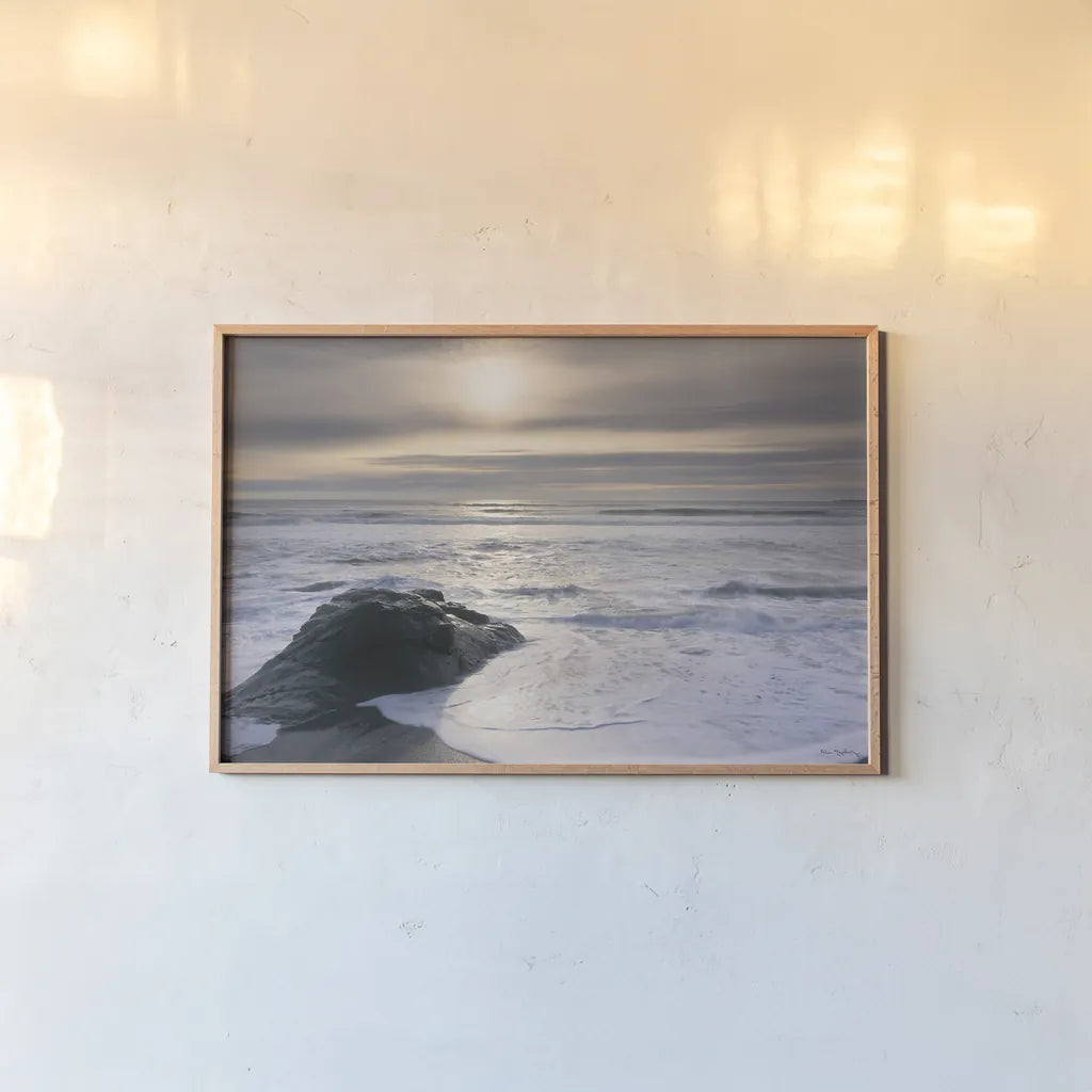 Tides and Waves Sunset V by Alan Majchrowicz. shown as a paper print in a natural frame. Available as a archival giclee rolled canvas, fine art paper, or poster print. SKU 7755i.