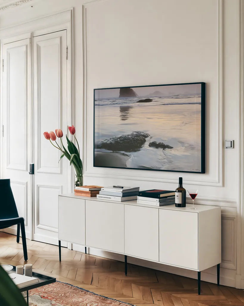Tides and Waves Sunset VI by Alan Majchrowicz. shown as a framed stretched canvas in a living room above a console. Available as a archival giclee rolled canvas, fine art paper, or poster print. SKU 7756i.