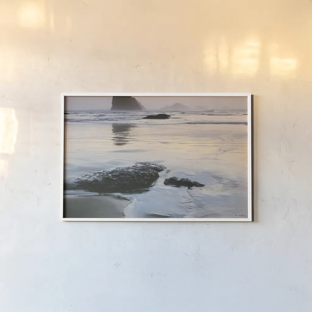 Tides and Waves Sunset VI by Alan Majchrowicz. shown as a paper print in a white frame. Available as a archival giclee rolled canvas, fine art paper, or poster print. SKU 7756i.