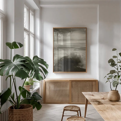 Tides and Waves Triptych I by Alan Majchrowicz. shown as a print in a natural wood frame in a dining room. Available as a archival giclee rolled canvas, fine art paper, or poster print. SKU 82193h.