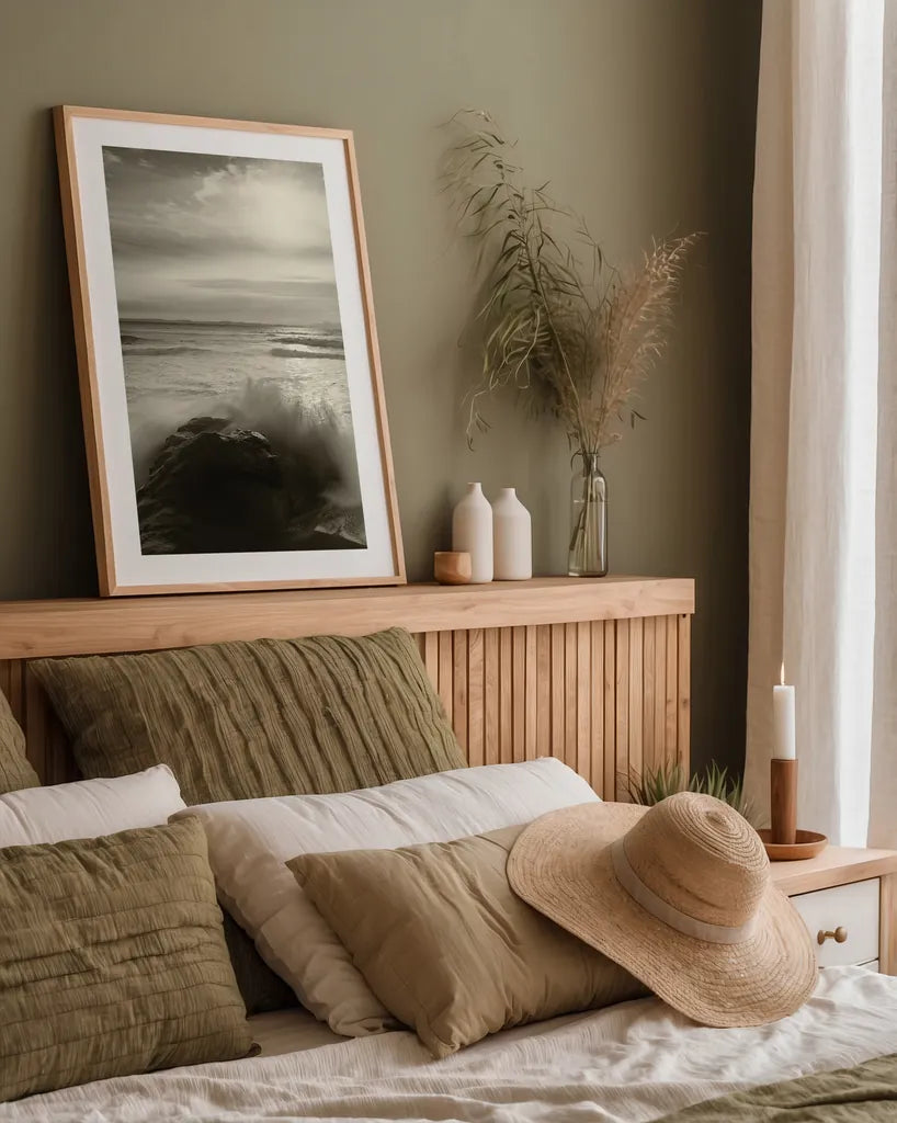 Tides and Waves Triptych I by Alan Majchrowicz. shown as a paper print in a natural frame. Available as a archival giclee rolled canvas, fine art paper, or poster print. SKU 82193h.