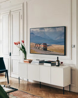 Train I by Alan Majchrowicz. shown as a framed stretched canvas in a living room above a console. Available as a archival giclee rolled canvas, fine art paper, or poster print. SKU 84041i.