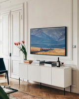 Train II by Alan Majchrowicz. shown as a framed stretched canvas in a living room above a console. Available as a archival giclee rolled canvas, fine art paper, or poster print. SKU 84042i.