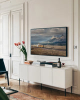 Train III by Alan Majchrowicz. shown as a framed stretched canvas in a living room above a console. Available as a archival giclee rolled canvas, fine art paper, or poster print. SKU 84043i.