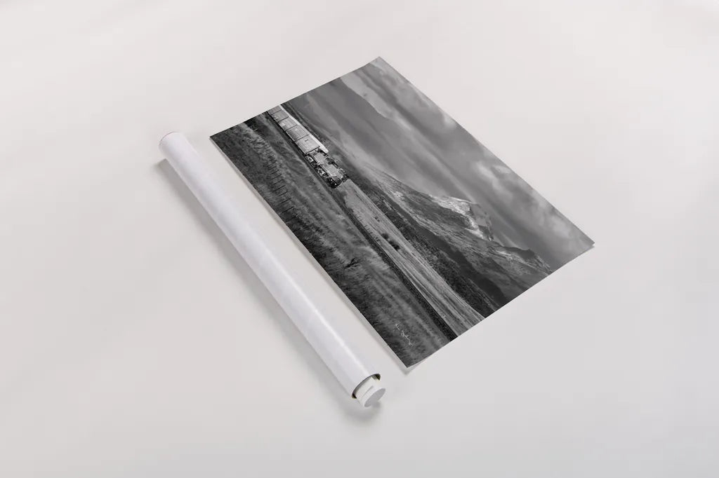 Train III BW by Alan Majchrowicz. shown as a rolled paper print. Available as archival giclee rolled canvas, fine art paper, or poster print. SKU 84100i.