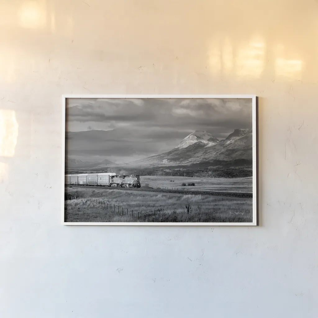 Train III BW by Alan Majchrowicz. shown as a paper print in a white frame. Available as a archival giclee rolled canvas, fine art paper, or poster print. SKU 84100i.