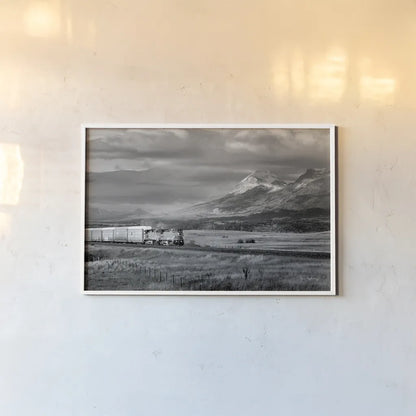 Train III BW by Alan Majchrowicz. shown as a paper print in a white frame. Available as a archival giclee rolled canvas, fine art paper, or poster print. SKU 84100i.