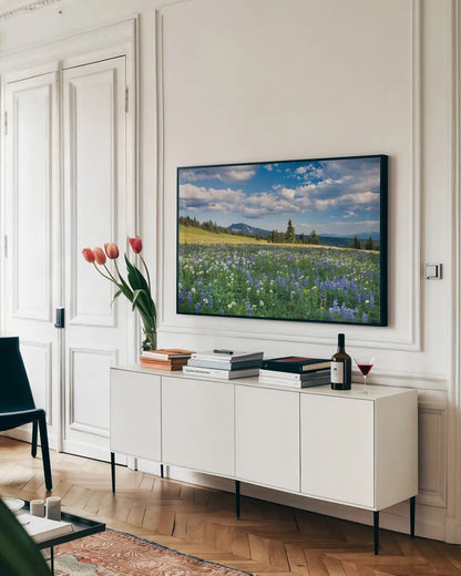 Trophy Meadows by Alan Majchrowicz. shown as a framed stretched canvas in a living room above a console. Available as a archival giclee rolled canvas, fine art paper, or poster print. SKU 36206i.
