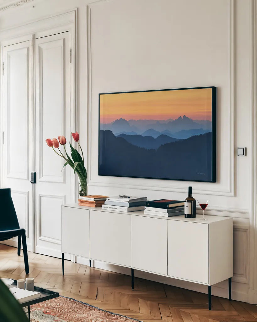 Twilight over North Cascades by Alan Majchrowicz. shown as a framed stretched canvas in a living room above a console. Available as a archival giclee rolled canvas, fine art paper, or poster print. SKU 86351i.