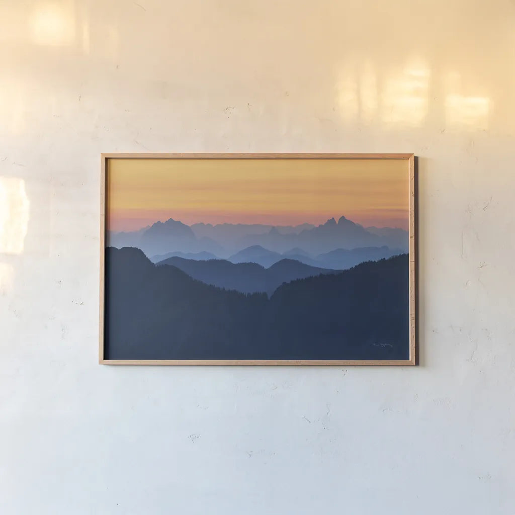 Twilight over North Cascades by Alan Majchrowicz. shown as a paper print in a natural frame. Available as a archival giclee rolled canvas, fine art paper, or poster print. SKU 86351i.