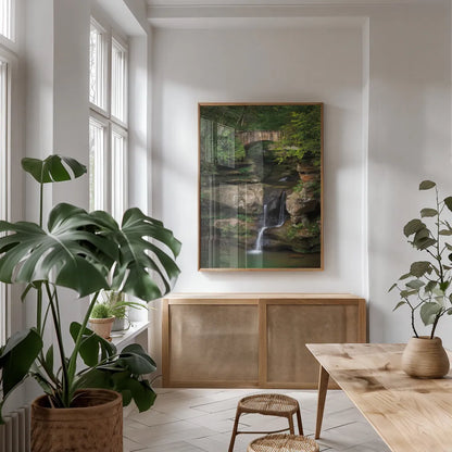 Upper Falls Old Mans Cave by Alan Majchrowicz. shown as a print in a natural wood frame in a dining room. Available as a archival giclee rolled canvas, fine art paper, or poster print. SKU 50171h.