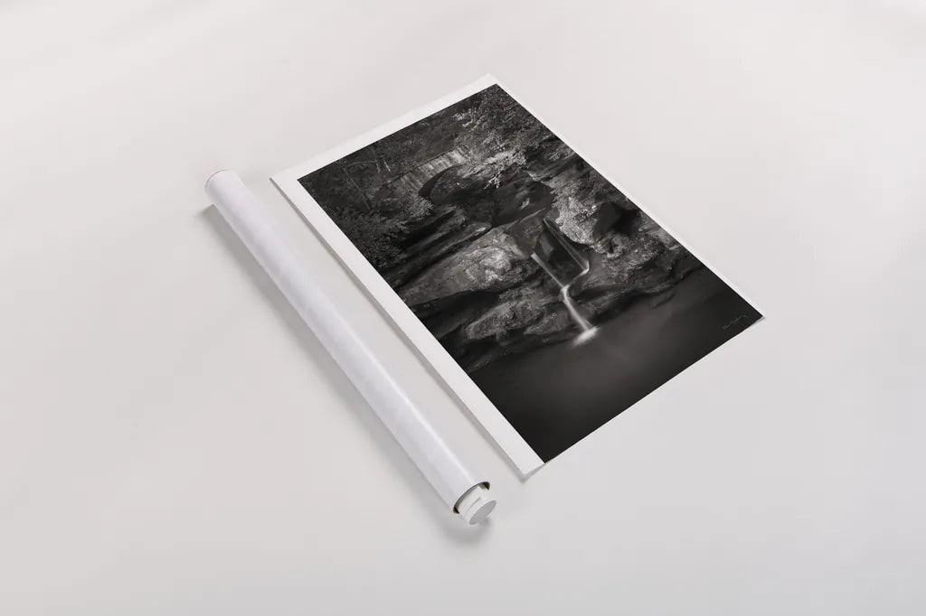 Upper Falls Old Mans Cave BW by Alan Majchrowicz. shown as a rolled paper print. Available as archival giclee rolled canvas, fine art paper, or poster print. SKU 50172h.
