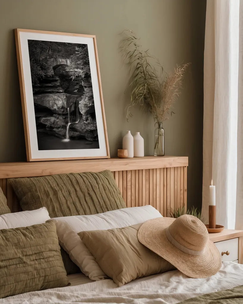 Upper Falls Old Mans Cave BW by Alan Majchrowicz. shown as a paper print in a natural frame. Available as a archival giclee rolled canvas, fine art paper, or poster print. SKU 50172h.