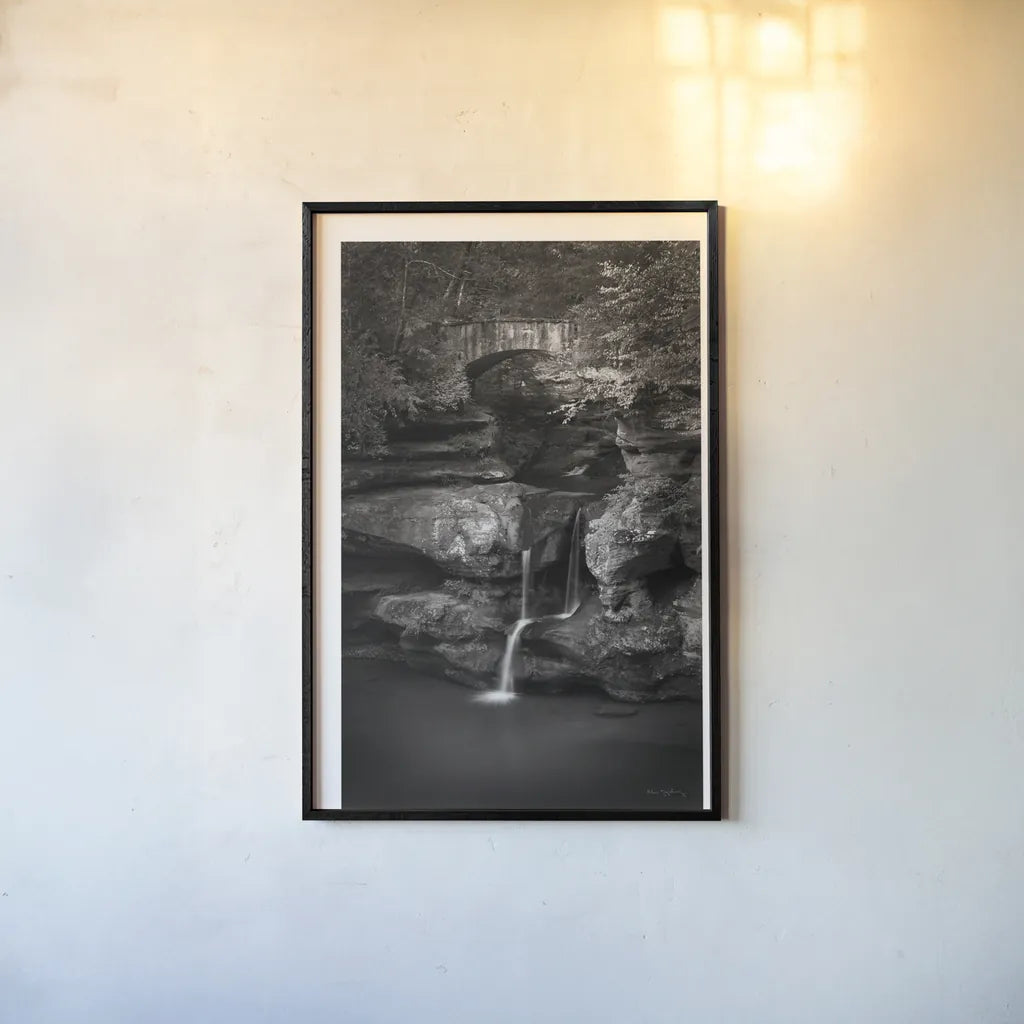 Upper Falls Old Mans Cave BW by Alan Majchrowicz. shown as a paper print in a black flame. Available as a archival giclee rolled canvas, fine art paper, or poster print. SKU 50172h.