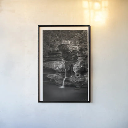 Upper Falls Old Mans Cave BW by Alan Majchrowicz. shown as a paper print in a black flame. Available as a archival giclee rolled canvas, fine art paper, or poster print. SKU 50172h.