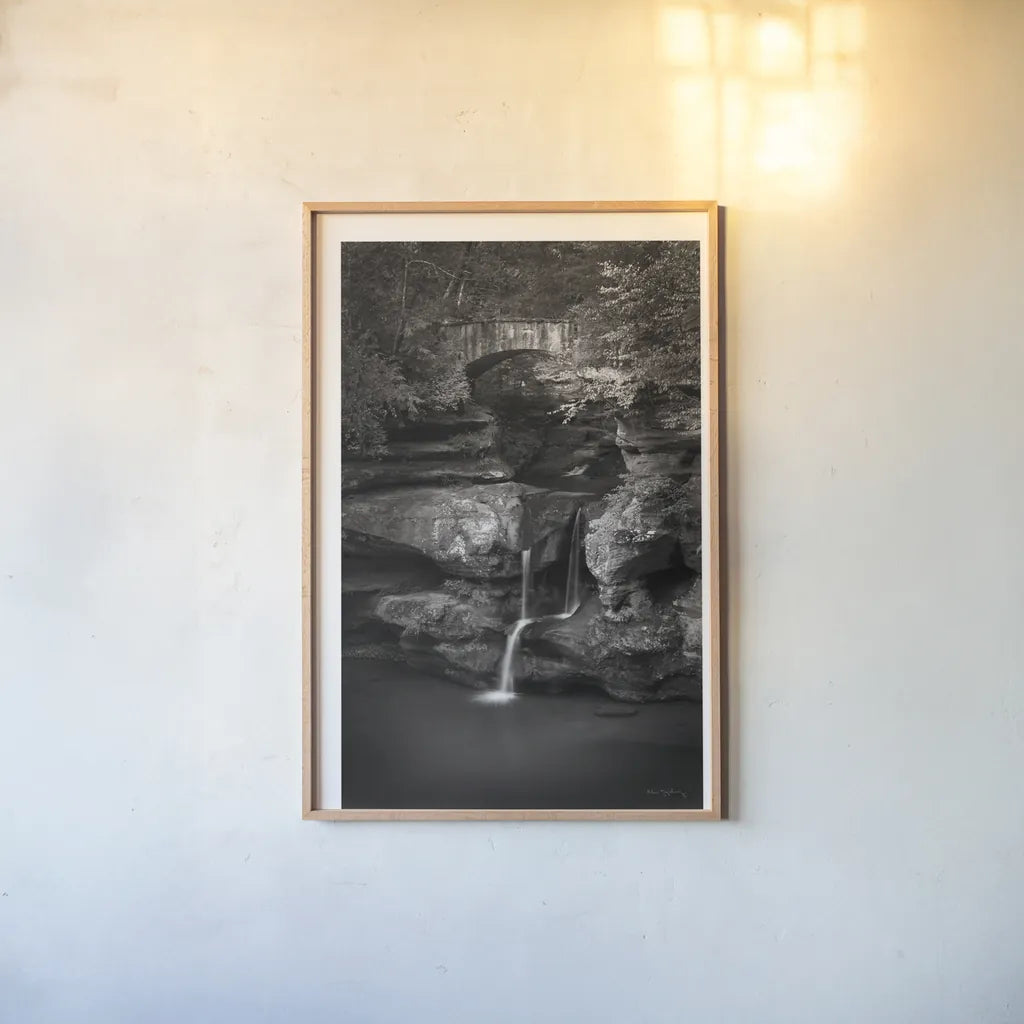 Upper Falls Old Mans Cave BW by Alan Majchrowicz. shown as a paper print in a natural frame. Available as a archival giclee rolled canvas, fine art paper, or poster print. SKU 50172h.