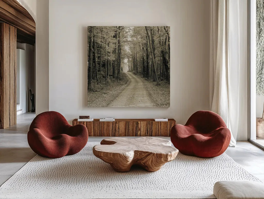 Vermont Country Road Sepia Crop by Alan Majchrowicz. Shown as extra-large giant wall art in a modern living room. Available as an archival giclee rolled canvas, fine art paper, or poster print. SKU 19982a.