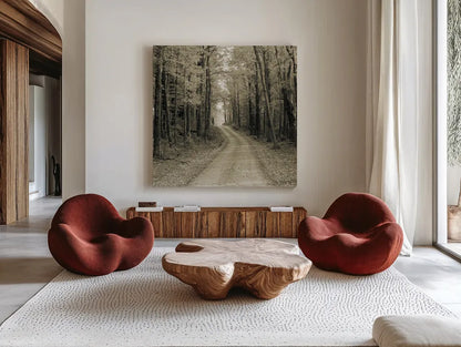 Vermont Country Road Sepia Crop by Alan Majchrowicz. Shown as extra-large giant wall art in a modern living room. Available as an archival giclee rolled canvas, fine art paper, or poster print. SKU 19982a.