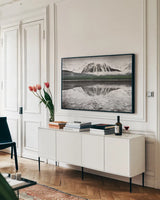 Waterfowl Lake I BW with Color by Alan Majchrowicz. shown as a framed stretched canvas in a living room above a console. Available as a archival giclee rolled canvas, fine art paper, or poster print. SKU 28183i.