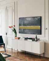 Waterfowl Lake II by Alan Majchrowicz. shown as a framed stretched canvas in a living room above a console. Available as a archival giclee rolled canvas, fine art paper, or poster print. SKU 28088i.