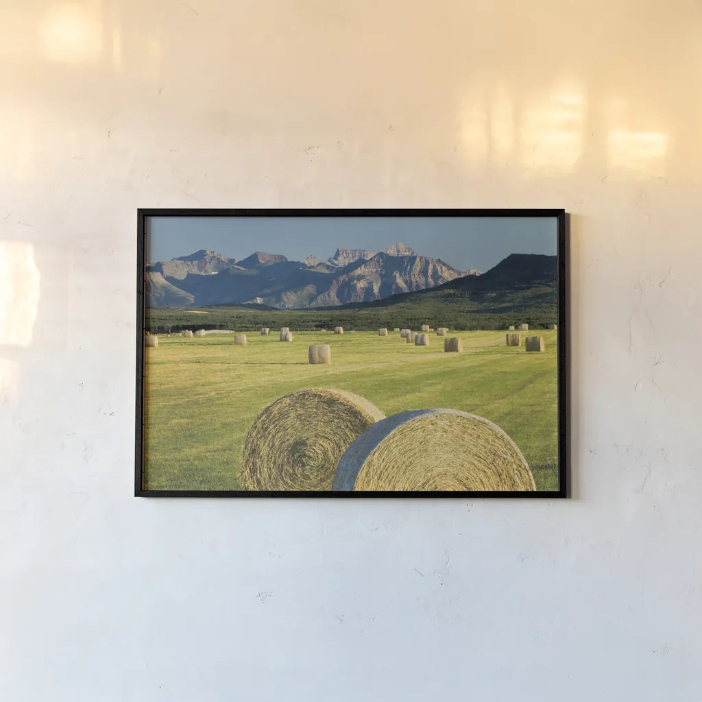 Waterton Hay Bales by Alan Majchrowicz. shown as a paper print in a black flame. Available as a archival giclee rolled canvas, fine art paper, or poster print. SKU 53741i.
