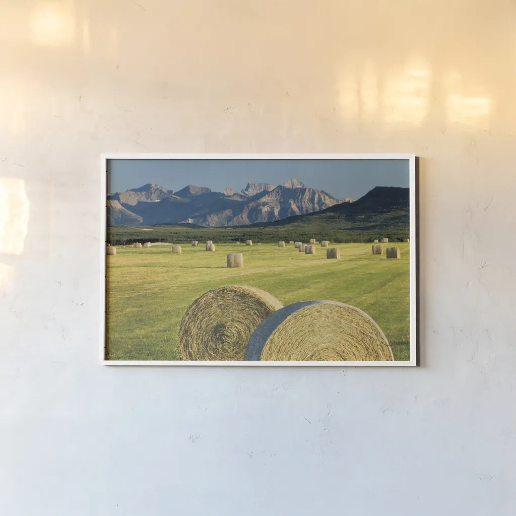 Waterton Hay Bales by Alan Majchrowicz. shown as a paper print in a white frame. Available as a archival giclee rolled canvas, fine art paper, or poster print. SKU 53741i.