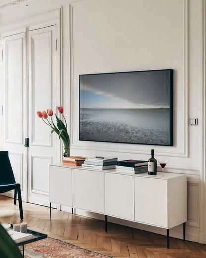 West Beach Deception Pass Seascape by Alan Majchrowicz. shown as a framed stretched canvas in a living room above a console. Available as a archival giclee rolled canvas, fine art paper, or poster print. SKU 86304i.
