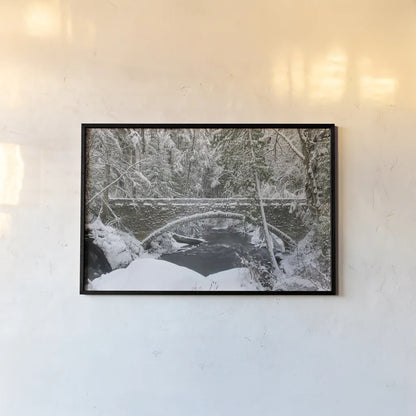 Whatcom Creek Bridge by Alan Majchrowicz. shown as a paper print in a black flame. Available as a archival giclee rolled canvas, fine art paper, or poster print. SKU 60628i.