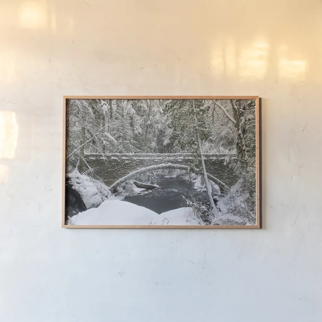 Whatcom Creek Bridge by Alan Majchrowicz. shown as a paper print in a natural frame. Available as a archival giclee rolled canvas, fine art paper, or poster print. SKU 60628i.