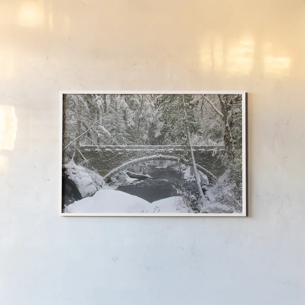 Whatcom Creek Bridge by Alan Majchrowicz. shown as a paper print in a white frame. Available as a archival giclee rolled canvas, fine art paper, or poster print. SKU 60628i.