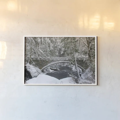 Whatcom Creek Bridge by Alan Majchrowicz. shown as a paper print in a white frame. Available as a archival giclee rolled canvas, fine art paper, or poster print. SKU 60628i.